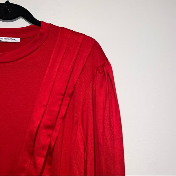ZARA Red Pleated Tunic Dress Long Bishop Sleeves Shift - Picture 8 of 11
